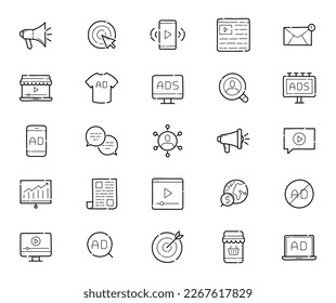 Digital marketing, business online advertising campaign icons. Hand drawn style. Vector illustration.