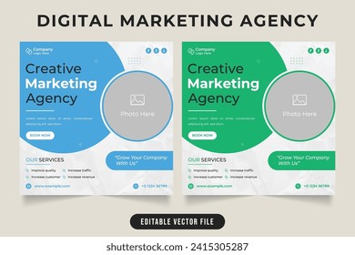 Digital marketing business promotion social media post vector. Modern corporate agency advertisement poster design with cyan and green colors. Digital marketing agency web banner with round shapes.