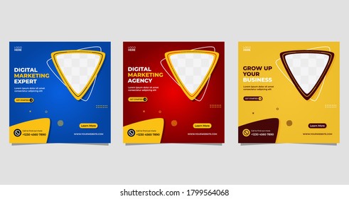 Digital Marketing Business Social Media Post Banner Template. Vector Graphic Ad Template Set, With Triangle Frame