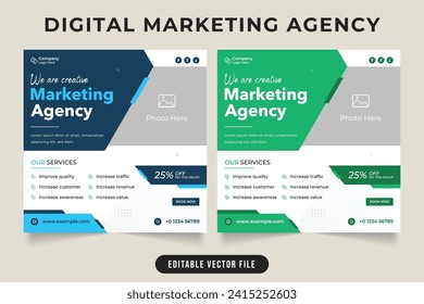 Digital marketing business social media post with green and blue colors. Marketing agency service promotional template design. Modern business advertisement web banner vector with photo placeholders.