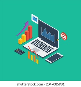 Digital marketing, business strategy. Laptop, smartphone, graph bar, target icon. Flat vector illustration suitable for many purposes.