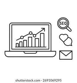 Vector de negocios de marketing digital, portátil y gráfico de análisis.