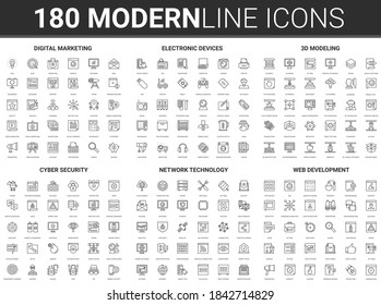 Digital marketing business web technology vector illustration. Flat modern thin line icon set of devices for online social media network, cyber tech secure, strategy development electronic products