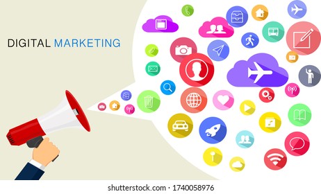 A digital marketing businessman holds a megaphone.promotional banner and has an icon in the dialog