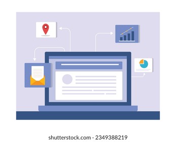 Digital marketing by setting up letters, locations, graphs, charts. Data analysis tools for business and strategy. Character design. Vector data illustration