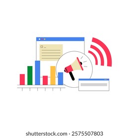Digital Marketing Campaign With Analytics And Megaphone In Flat Vector Illustration Symbolizing Advertising, Promotion, And Online Marketing, Isolated On White Background.