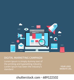 Digital marketing campaign, internet marketing, SEO, Social media flat vector illustration with icons on blue background