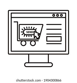 Sitio web del carrito de marketing digital en diseño de iconos de estilo de línea de computadora, ecommerce y compras en línea Tema Vector ilustración