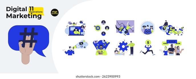 Digital marketing cartoon flat ilustrações pacote mega. Contrato on-line. Campanha de mídia social, start-up. Imagens 2D de análise de influenciadores isoladas em branco. Desenhos vetoriais de coleção coloridos