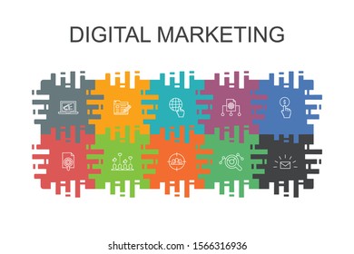Digital marketing cartoon template with flat elements. Contains such icons as internet, Marketing research, Social campaign, Pay per click