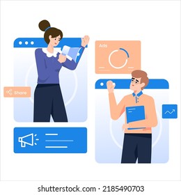 Digital Marketing Character Vector Illustration Featuring a Young Professional Managing SEO, Social Media, and Online Ads in a Creative Work Environment