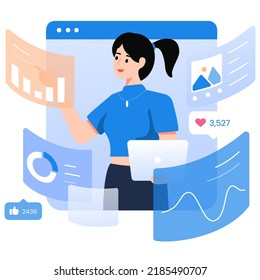 Digital Marketing Character Vector Illustration Featuring a Young Professional Managing SEO, Social Media, and Online Ads in a Creative Work Environment