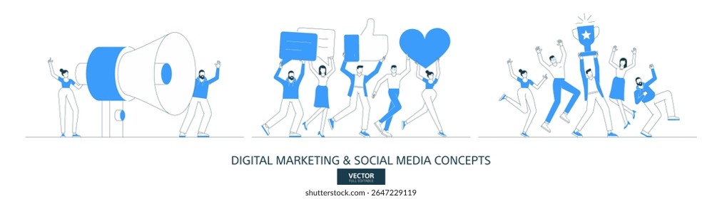 Digitales Marketing, Kundenfeedback-Illustrationen in dünner Linie. Public Review abstrakte lineare Vektordesign-Konzepte. Flachsymbole für Umfragen in sozialen Medien. Geschäftsleute Charaktere Team arbeiten.