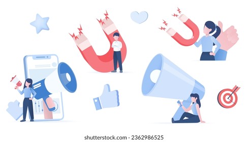 Digital marketing collection set. Customer satisfaction, creativity, thinking, promotion campaign, competition, opportunity, content and social media. Flat vector design illustration.