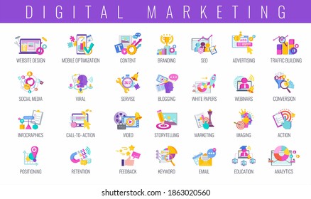 Digital marketing color icons set. Infographics Pictogram. Strategy, management and marketing. Successful business of company in market. Flat vector illustration.