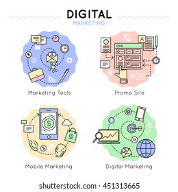 Digital marketing colored icon set with marketing tools promo site mobile and digital marketing vector illustration