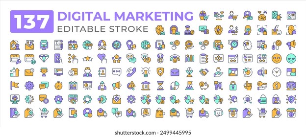 Conjunto grande de iconos coloridos de marketing digital. Publicidad en línea, uso de la ayuda. Servicio al cliente, sistemas de clasificación. Símbolos lineales de color de iconos. Vector aislado ilustraciones planas. Trazo editable