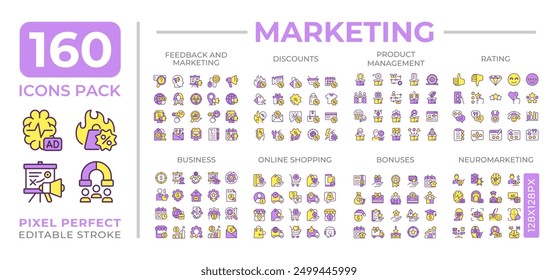 Digital marketing colorful icons set collection. Online shopping discounts. Business product management mega pack of flat line symbols, pixel perfect. Isolated vector illustrations. Editable stroke