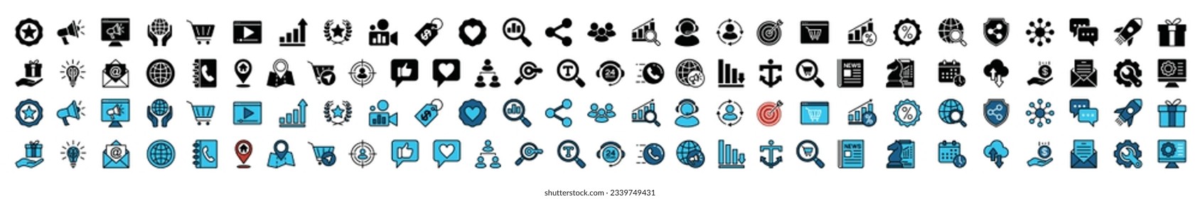 Digital marketing colorful icons vector set. advertising, business, ranking, shopping, seo, social media, data analytics, e-commerce, network, presentation, website, strategy, chart and other