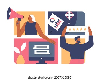 Digitales Marketing, Kommunikationskonzept. Szenen mit Leuten, die Marke online bewerben. Werbung, Internetwerbung, Kundenerfahrung. Einzelne flache Vektorgrafik