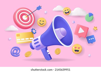 Digital marketing concept 3D illustration. Icon composition with megaphone, video content, target and emoji. Business promotion and advertisement campaign. Vector illustration for modern web design