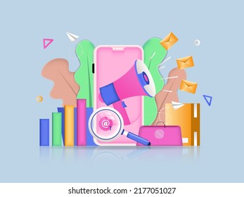 Digital marketing concept 3D illustration. Icon composition with megaphone making ad campaign, customer attracting in social networks, market data analysis. Vector illustration for modern web design