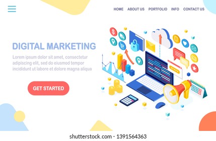 Digital marketing concept. 3d isometric computer, laptop, pc with money chart, graph, folder, megaphone, loudspeaker. Business development, strategy, advertising. Social media analysis. Vector design