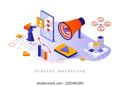 Digital marketing concept in 3d isometric design. Marketer doing data research and analysis, online advertising, business promotion, web template with people scene. Vector illustration for webpage