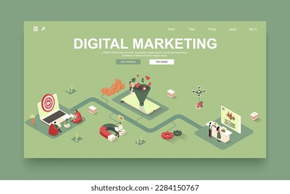 Digital Marketing Konzept 3d isometrische Landing Page Vorlage. Die Leute arbeiten in Werbeagenturen, analysieren Publikum, verwenden Zielgruppen und Verkaufstrichter. Vektorgrafik in isometrischer Grafik-Design.
