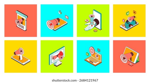 Concepto de marketing digital de conjunto de iconos isométricos 3D. Pack con campaña de promoción en línea, orientación publicitaria con megáfono, comunicación comercial y conexión con clientes. Ilustración vectorial.