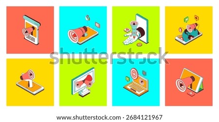 Digital marketing concept of 3d isometric icons set. Pack with online promotion campaign, advertising targeting with megaphone, business communication and connection with clients. Vector illustration.