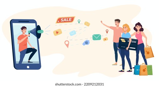 Digital marketing concept.  Сustomer acquisition, attraction. Man advertising via mobile internet. Clients responding to the campaign.  Flat vector illustration.