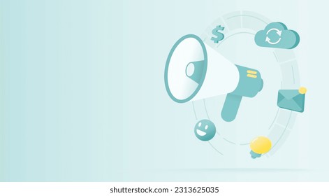 Digital marketing concept. Announcement, advertising, create content, planning, thinking, manage to increase customer satisfaction. Flat vector design illustration with copy space.