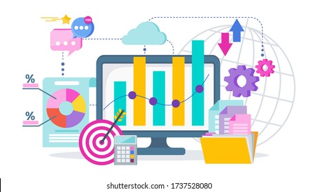 Digital marketing concept banner. Computer and documents, graphs and reports. Strategy, management and marketing. Successful business of company in market. Flat vector illustration.