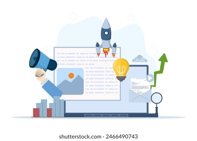 Digital marketing concept for banner design. Advertising campaigns and online promotions in mobile applications, advertising content in social networks. Flat vector illustration on white background.