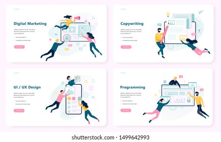 Juego de banners de concepto de marketing digital. Redes sociales y medios de comunicación. SEO, SEM y promoción en línea. Copia de escritura, diseño de UI UX. Ilustración del vector en estilo plano