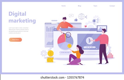 Banner de concepto de marketing digital. Redes sociales y medios de comunicación. SEO, SEM y promoción en línea. Ilustración vectorial aislada en estilo caricaturista