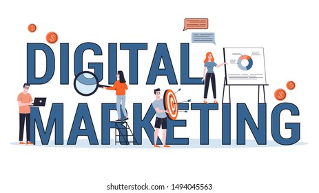 Digital marketing concept banner. Social network and media communication. SEO, SEM and online promotion. Vector illustration in flat style