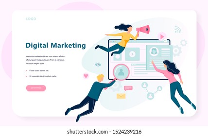 Banner de concepto de marketing digital. Redes sociales y medios de comunicación. SEO, SEM y promoción en línea. Ilustración del vector en estilo plano