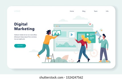 Digital marketing concept banner. Social network and media communication. SEO, SEM and online promotion. Vector illustration in flat style