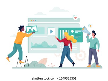 Digital marketing concept banner. Social network and media communication. SEO, SEM and online promotion. Vector illustration in flat style