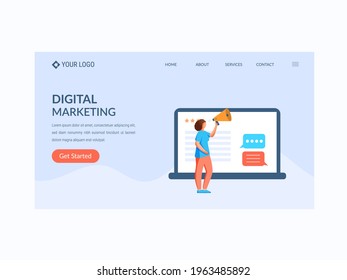 Digital Marketing Konzept-basierte Landing Page oder Helden-Banner mit Cartoon Frauen Ankündigung durch Megaphone.