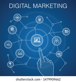 Digital marketing concept, blue background. internet, Marketing research, Social campaign, Pay per click icons