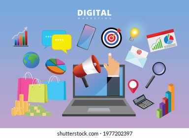 Digital Marketing Concept, Business Project Work, Search Computer and Internet Communication, social media, vector design.
