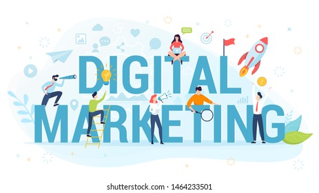 Digital marketing concept. Business promotion, customer communication and product advertising through social networks. Isolated flat line illustration