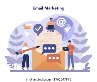 Digital marketing concept. Business promotion, customer communication and product advertising through social networks. SEO, SEM. Flat vector illustration