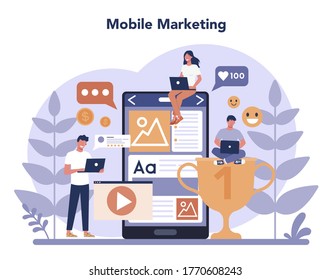 Digital marketing concept. Business promotion, customer communication and product advertising through social networks. SEO, SEM. Flat vector illustration