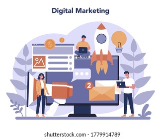 Digital marketing concept. Business promotion, customer communication and product advertising through social networks. SEO, SEM. Flat vector illustration