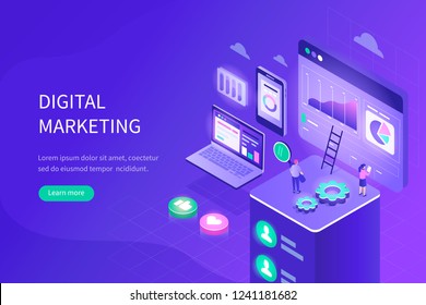 Digital Marketing Concept. Can Use For Web Banner, Infographics, Hero Images. Flat Isometric Vector Illustration With Modern Gradient.