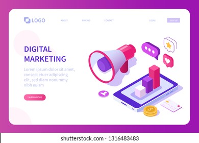 Digital marketing concept. Can use for web banner, infographics, hero images. Flat isometric vector illustration isolated on white background.